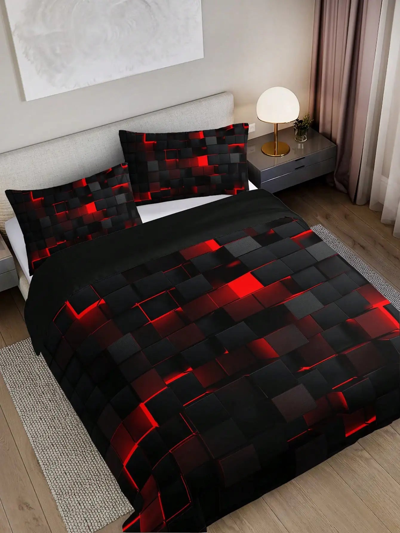 Technology Style Red Grid Comforter/Duvet Cover Set Including 1 Comforter Cover and 2 Pillowcases Suitable for Home and Dormitory Use