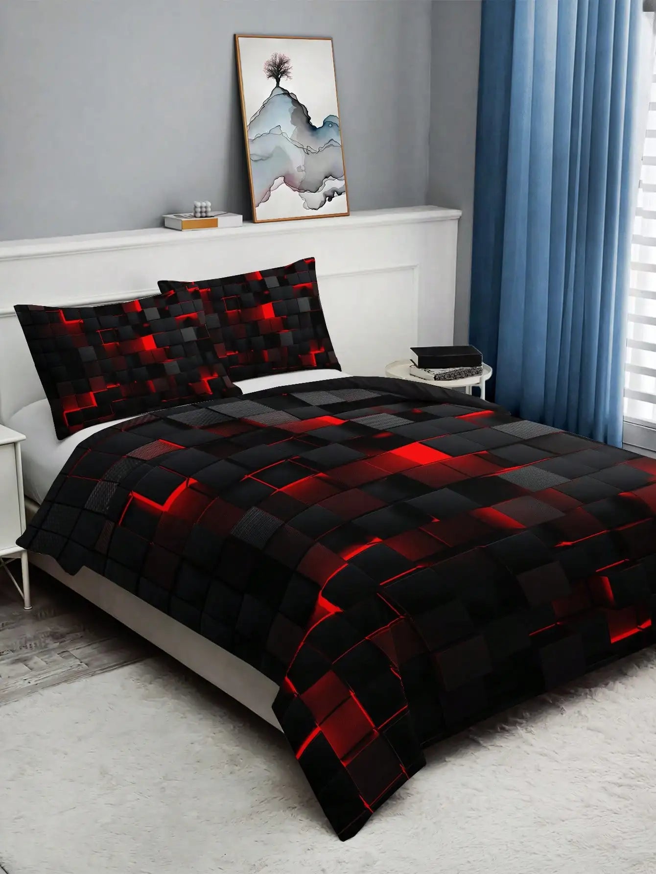 Technology Style Red Grid Comforter/Duvet Cover Set Including 1 Comforter Cover and 2 Pillowcases Suitable for Home and Dormitory Use