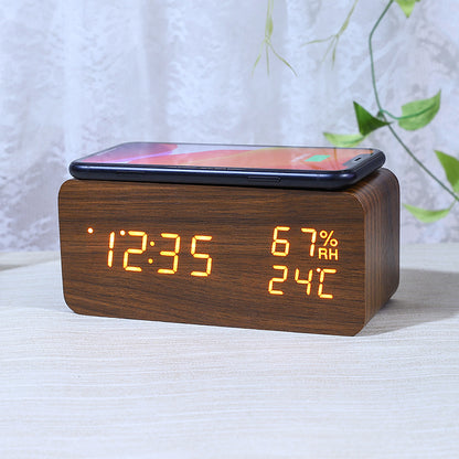 Smart Alarm Clock with Built-in Wireless Charging Pad wooden