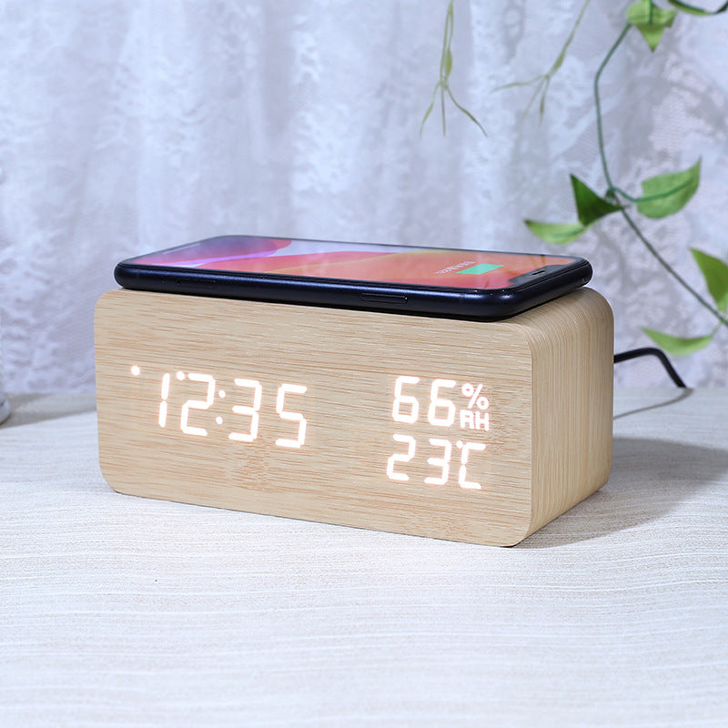 Smart Alarm Clock with Built-in Wireless Charging Pad wooden