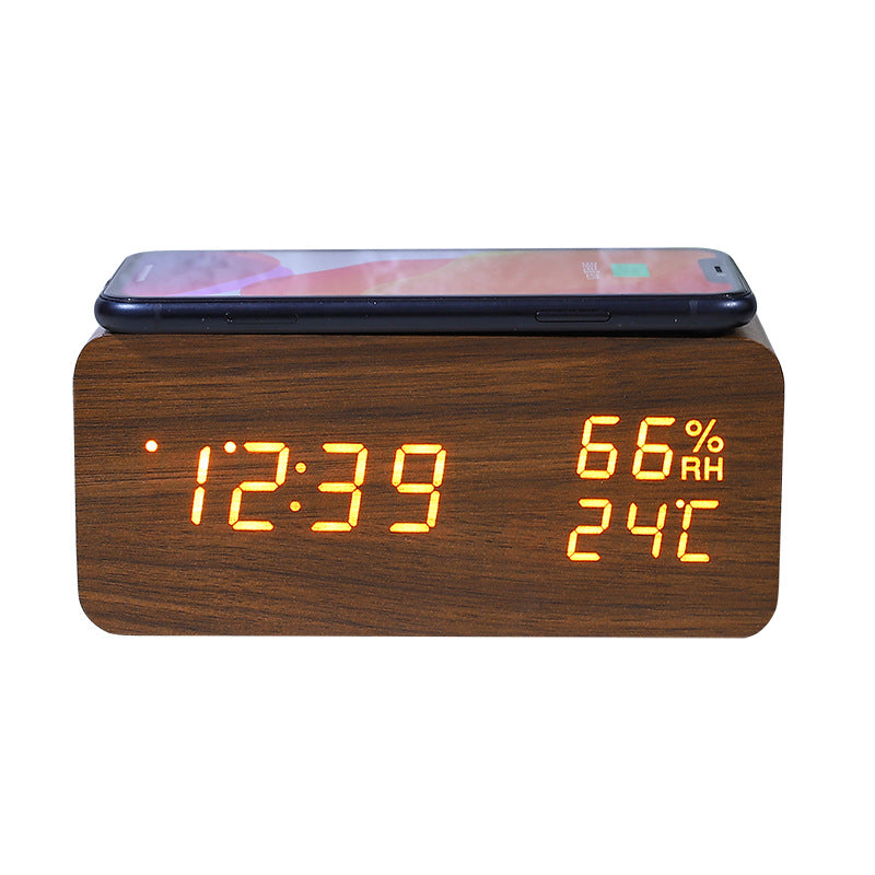 Smart Alarm Clock with Built-in Wireless Charging Pad wooden