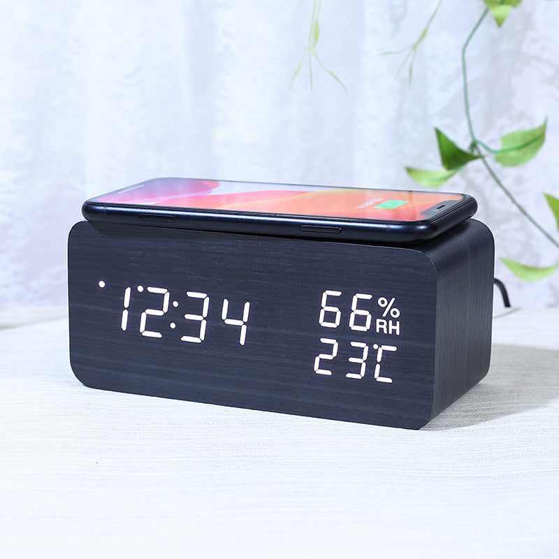 Smart Alarm Clock with Built-in Wireless Charging Pad wooden