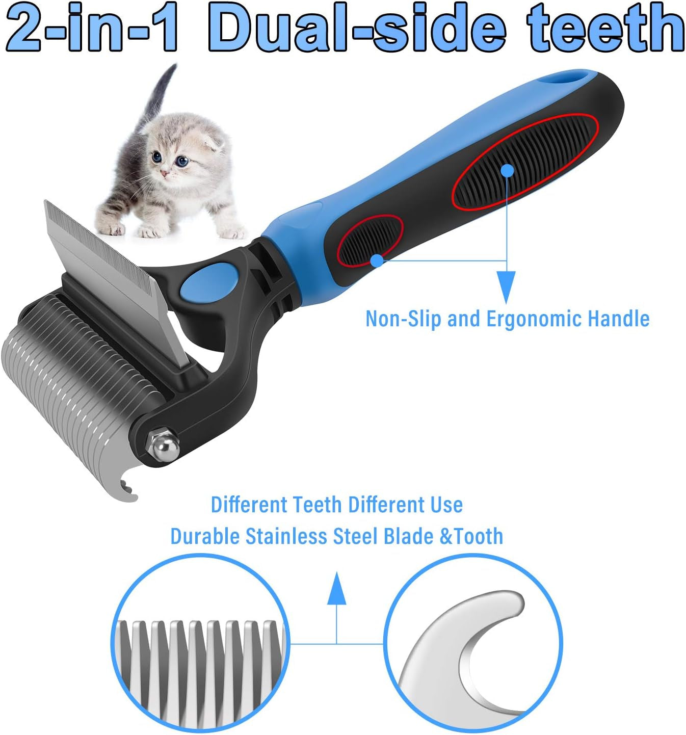 Animal Dog Grooming Brush, 2 in 1 Dog Undercoat Rake for Small Dogs and Cats Shedding, Safe Dematting, Comb Deshedding, mobile Tool for Pet Matted Hair jobs (Small Blue)