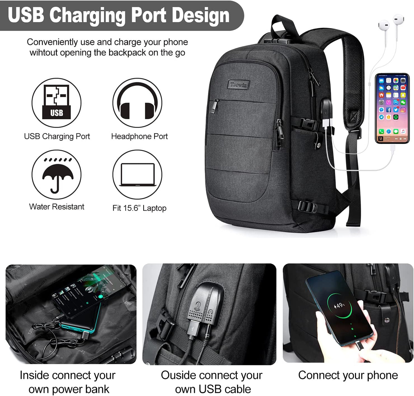 Travel Laptop Backpack, Water Resistant, Anti-Theft, with USB Charging Port and Lock, 15.6 Inch Computer Business Backpacks for Women Men, Work, College, Gift,Casual Daypack