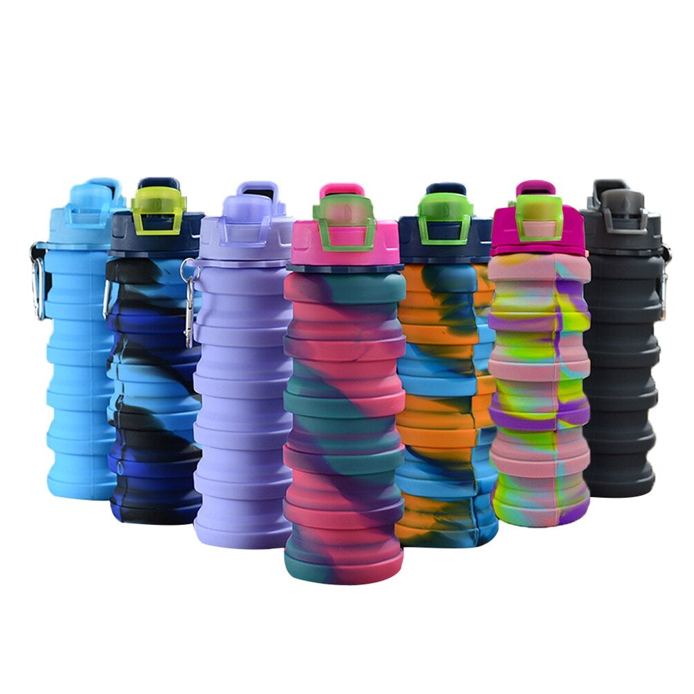 Water Bottle with Lid Solid Color/Camouflage Foldable Kettle for Sports Travel 7 Colors Portable Collapsible Silicone