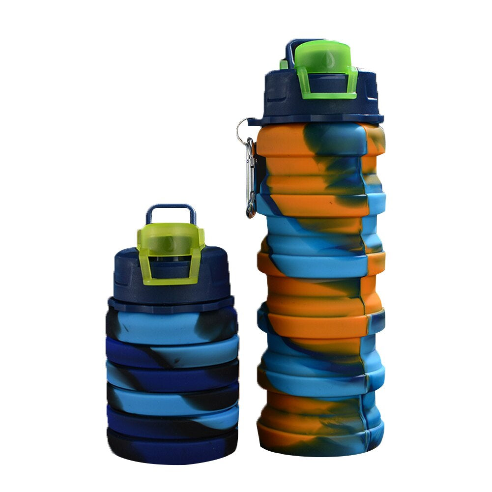 Water Bottle with Lid Solid Color/Camouflage Foldable Kettle for Sports Travel 7 Colors Portable Collapsible Silicone